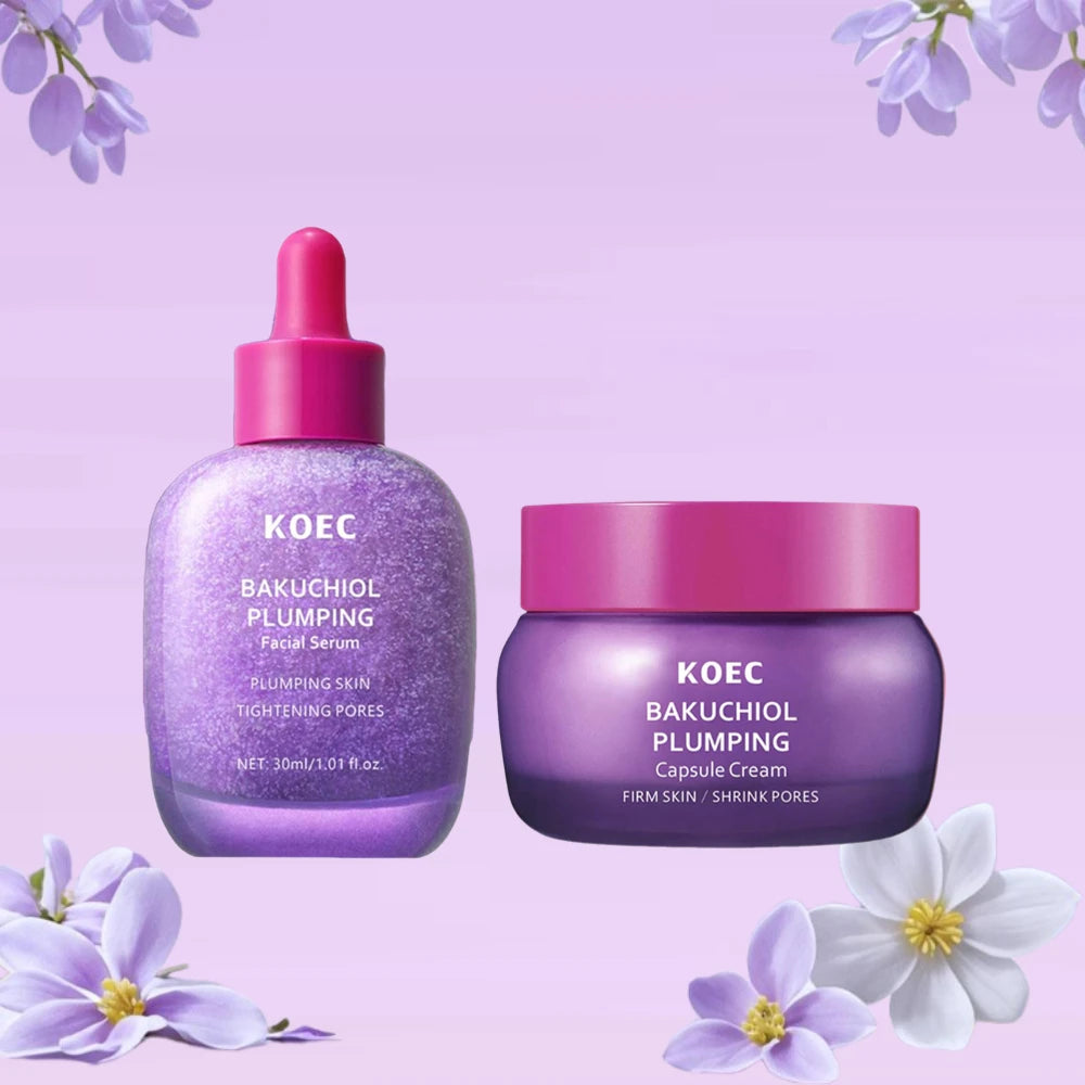Skincare set featuring bakuchiol plumping capsules and vitamin C serum for a glowing complexion
