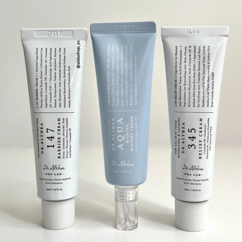 DR ALTHEA 147 Barrier 345 Relief Cream — 147 Barrier & 345 Relief — White and light blue squeeze tubes on white background