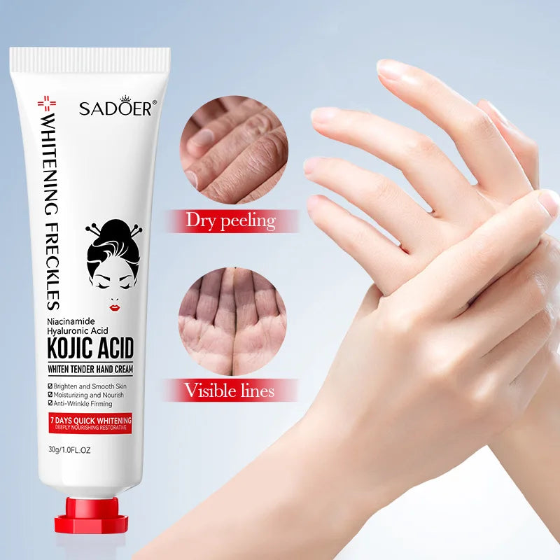 Tube of kojic acid brightening nourishing hand cream