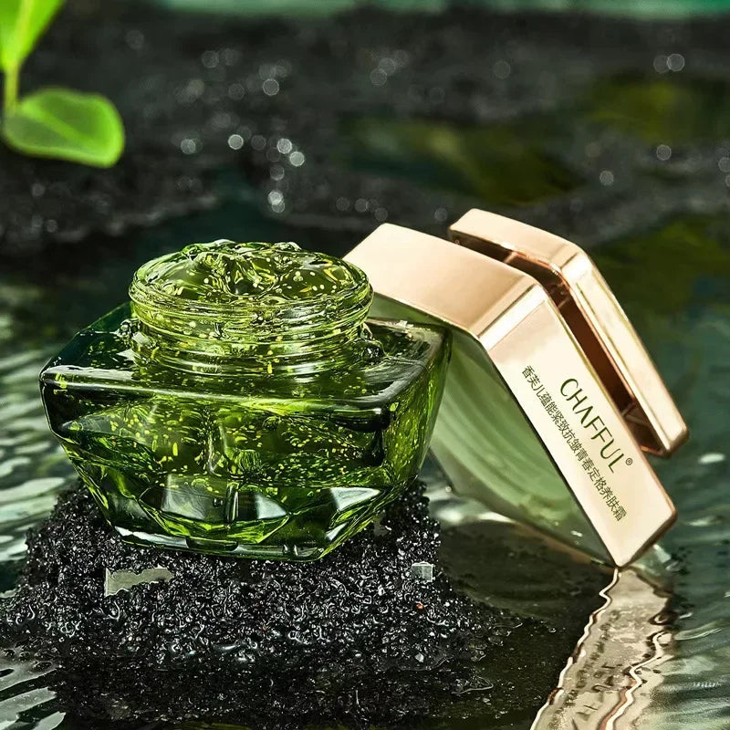 Open jar of plant caviar collagen firming face cream showing smooth white texture