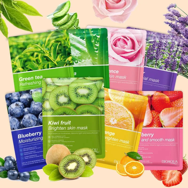 Assorted botanical sheet masks with aloe, seaweed and green tea extracts for hydrating and brightening facial care.