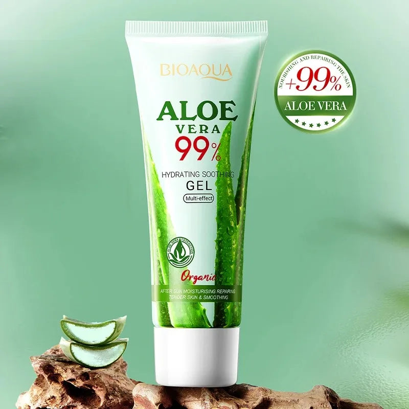 Aloe vera hydrating gel tube with fresh aloe leaf, showing clear gel texture