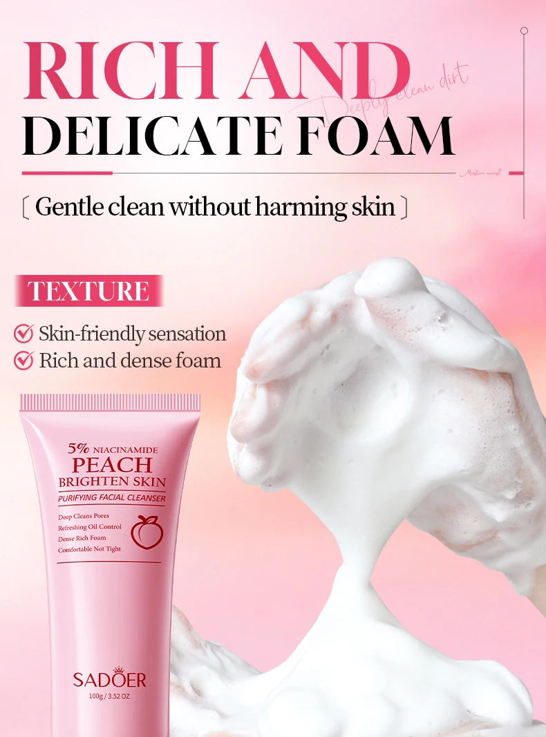 SADOER Niacinamide Honey Peach Facial Cleanser Moisturizing Whitening Deep Cleansing Anti-aigng Face Wash Foam Facial Cleanser