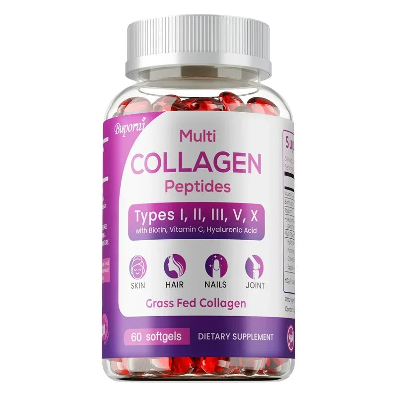 SkinSwaag Beauty BuPOREI Multi Collagen Peptides — collagen + biotin + vitamin C + hyaluronic acid — capsules in hand on white background