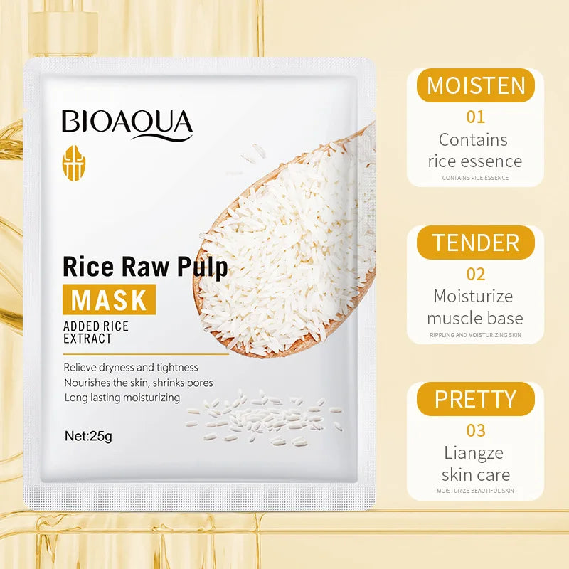 Sheet face mask packet with rice raw pulp for hydrating and firming skin