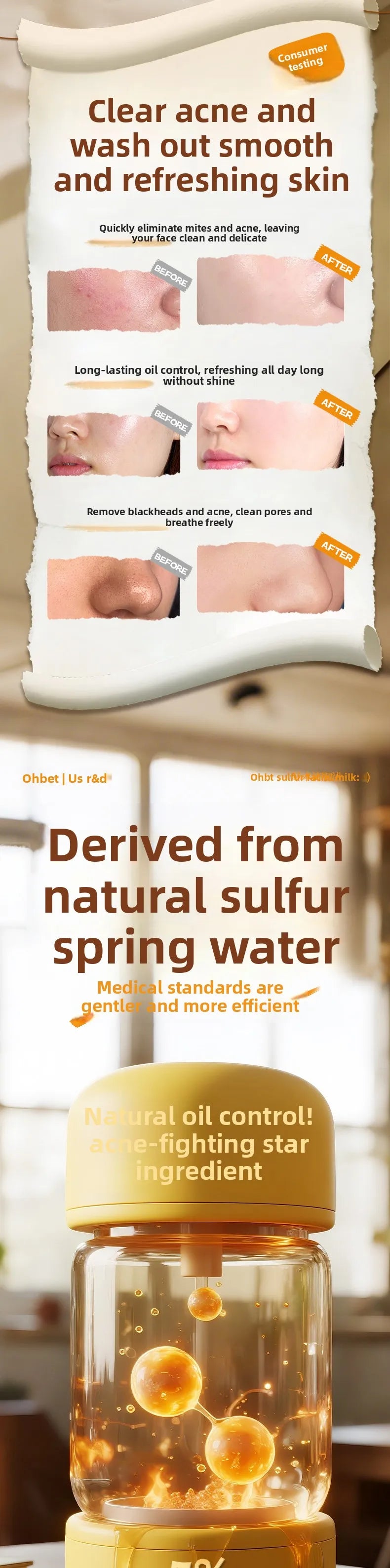OHBT Sulfur Herbal Facial Cleanser, Deep Cleansing Moisturing Face Wash, Salicylic Acid Whitening Facilal Wash 500ml big bottle