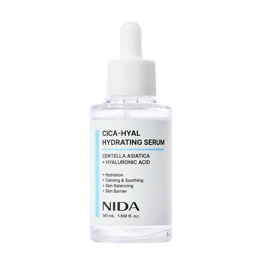 NIDA CICA-HYAL Deep Moisturizing Essence — CICA & Hyaluronic Acid — Product benefits and skin barrier repair infographic
