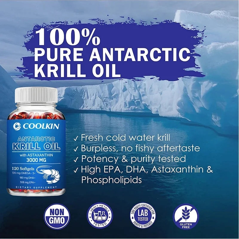 SkinSwaag Beauty COOLKIN Antarctic Krill Oil 3000mg — omega-3 EPA DHA + astaxanthin — bottle back view on white background