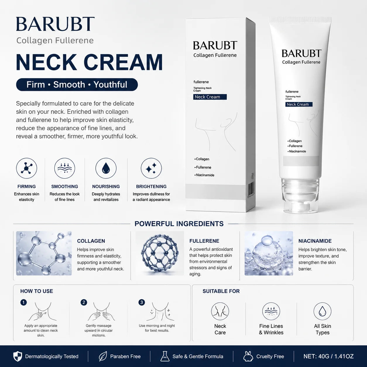 Barubut Anti-wrinkle Firming Neck Cream — Niacinamide — Tube front view with BARUBUT branding close-up