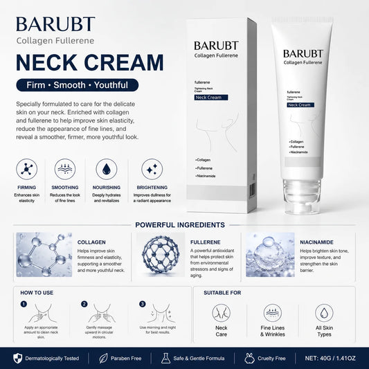 Barubut Anti-wrinkle Firming Neck Cream — Niacinamide — Tube front view with BARUBUT branding close-up