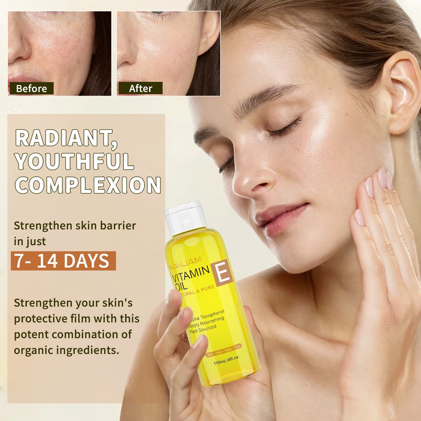 Vitamin E facial oil bottle for brightening and moisturizing skin