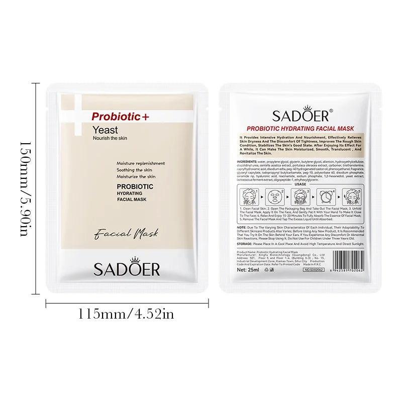 Single-use sheet mask packet with probiotic, hyaluronic acid, and niacinamide for facial skincare.