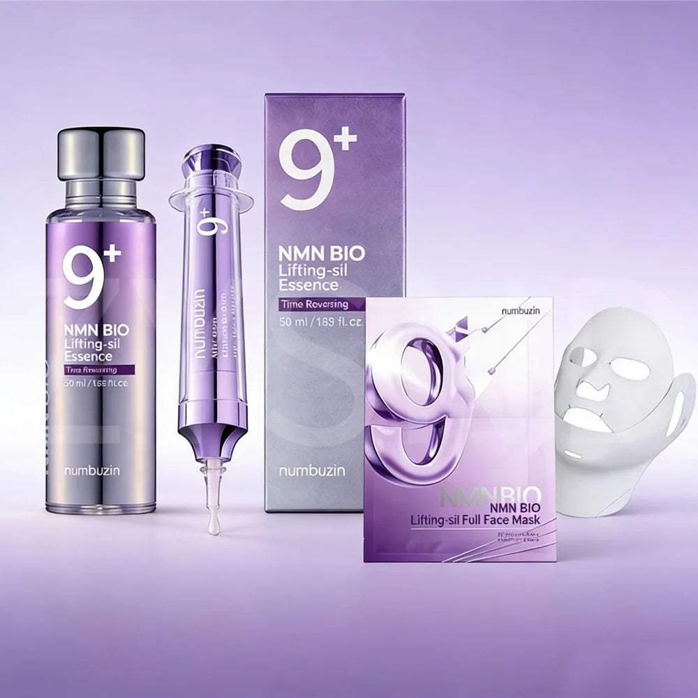 NUMBUZIN No.9 NAD+ BIO Lifting Mask Essence — NAD+ — Gold and white mask essence bottle on white background