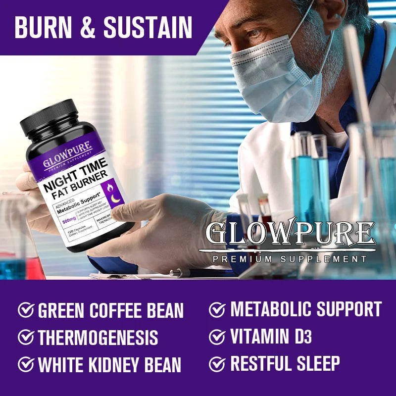 SkinSwaag Beauty GLOW PURE Night Time Fat Burning & Cellulite Weight Loss Pills — metabolism support — ingredient list on packaging on white background
