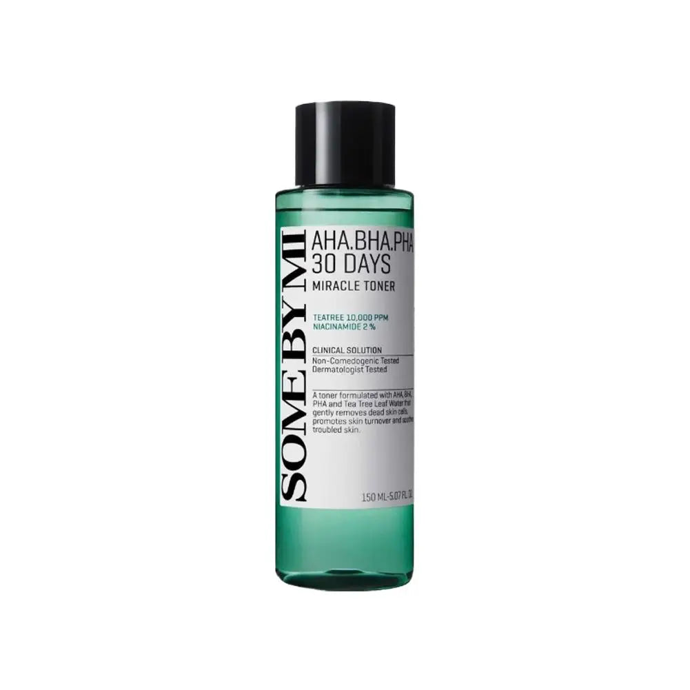 Toner bottle with AHA, BHA, and PHA exfoliating acids for smoother skin