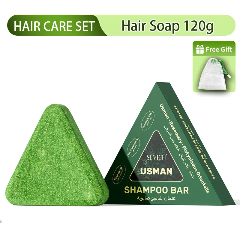 Set of hair growth products including serum, shampoo, soap, and spray for men and women.