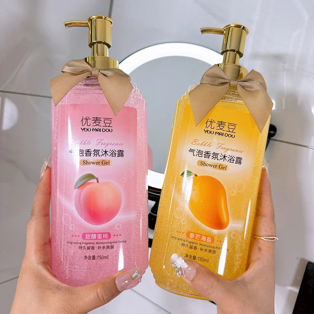 YUMAIDOO Mango Peach Bubble Shower Gel — Mango & Peach — Peach variant pink gel bottle close-up