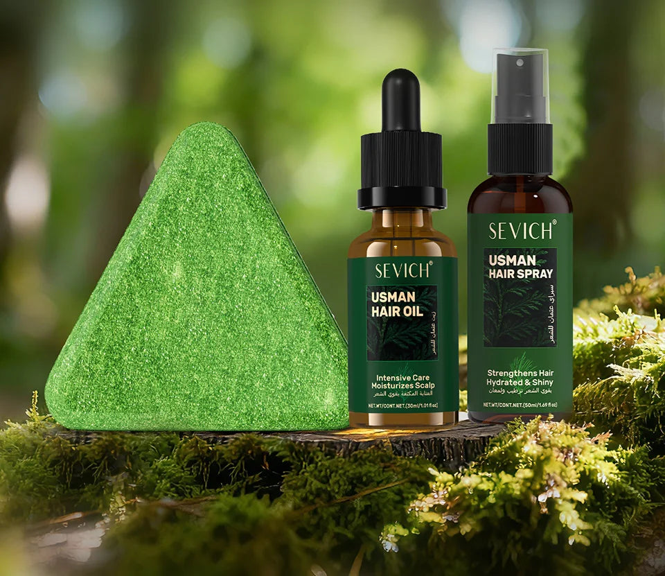 Set of hair growth products including serum, essential oil, shampoo soap, and thickening oil spray for men and women.