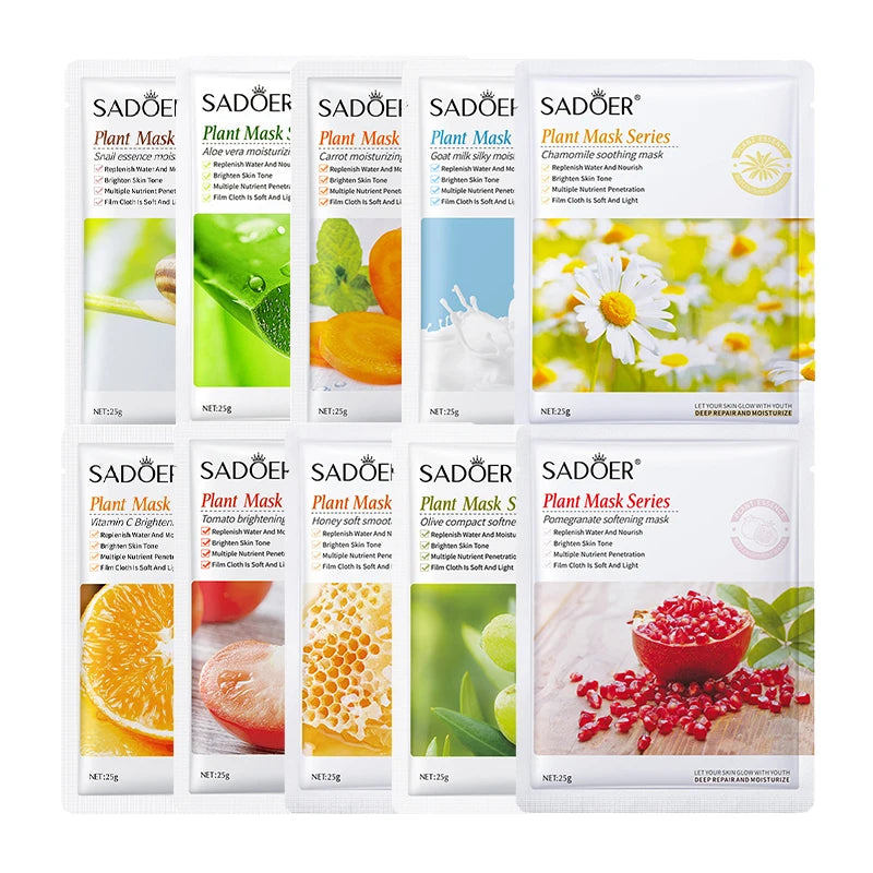 Three botanical sheet masks infused with aloe, seaweed and green tea for hydrating and brightening skin.