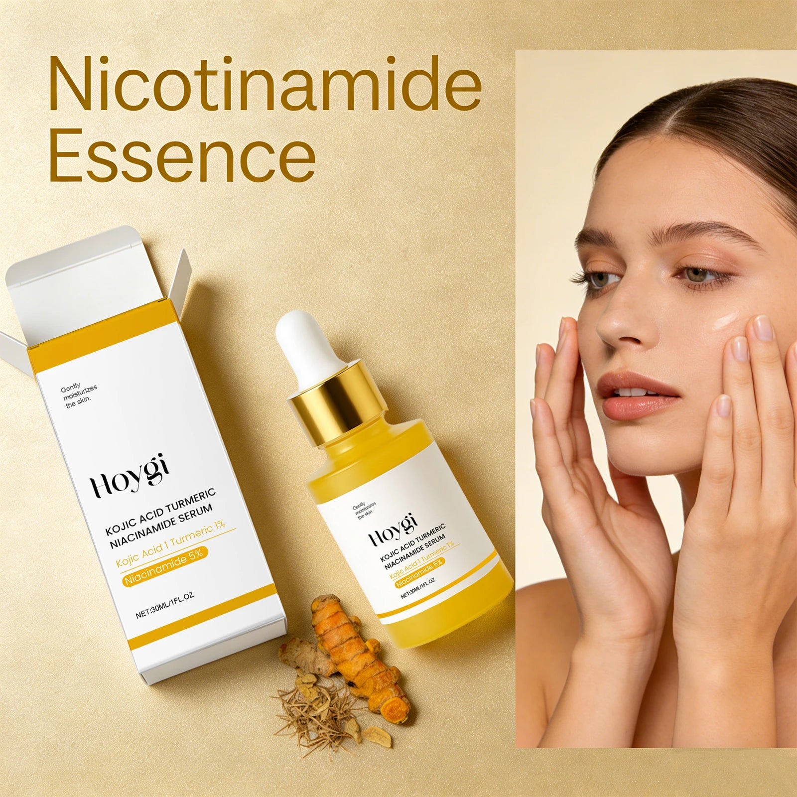 Hoygi Kojic Turmeric Brightening Facial Essence — Kojic Turmeric — Bottle front view with Hoygi branding close-up