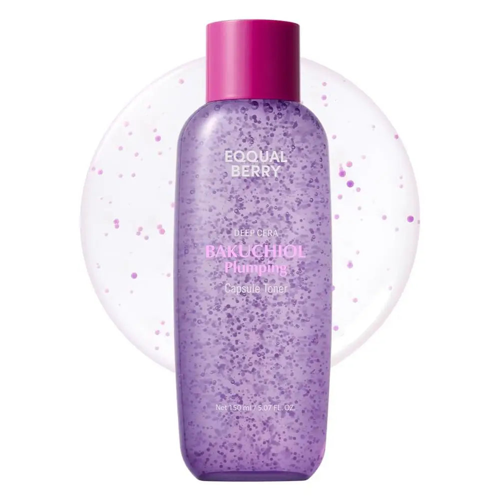 Facial serum bottle with dropper for plumping, smoothing, and brightening skin with bakuchiol and vitamin C.