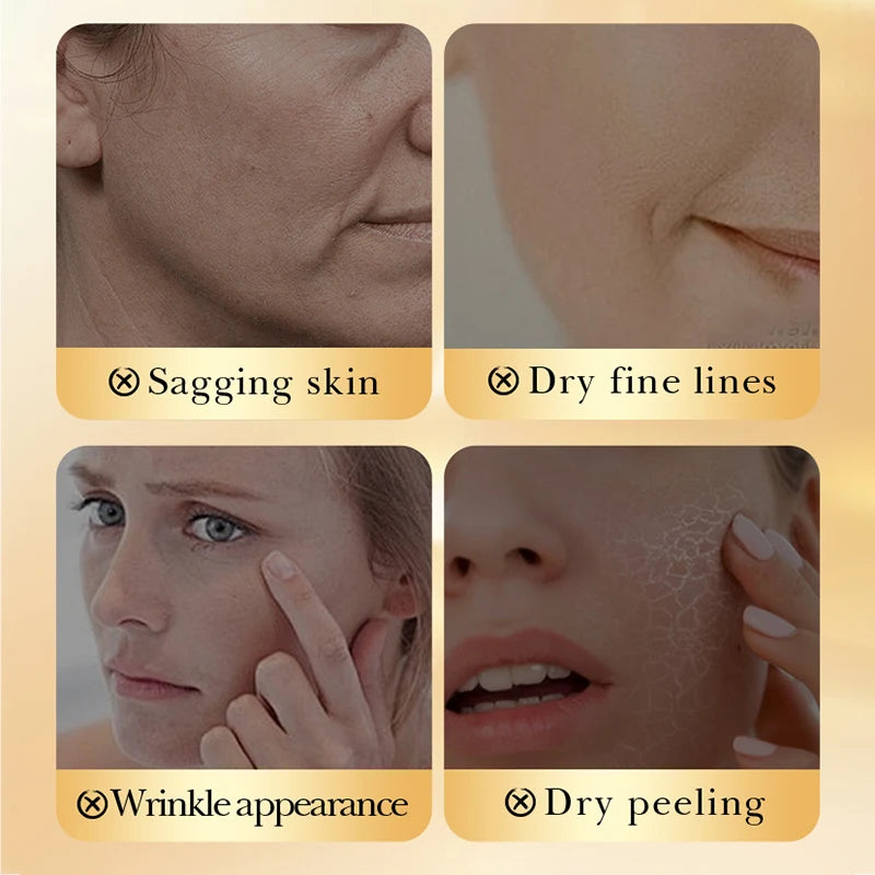 Facial serum bottle with gold and collagen brightening formula for moisturizing and firming skin