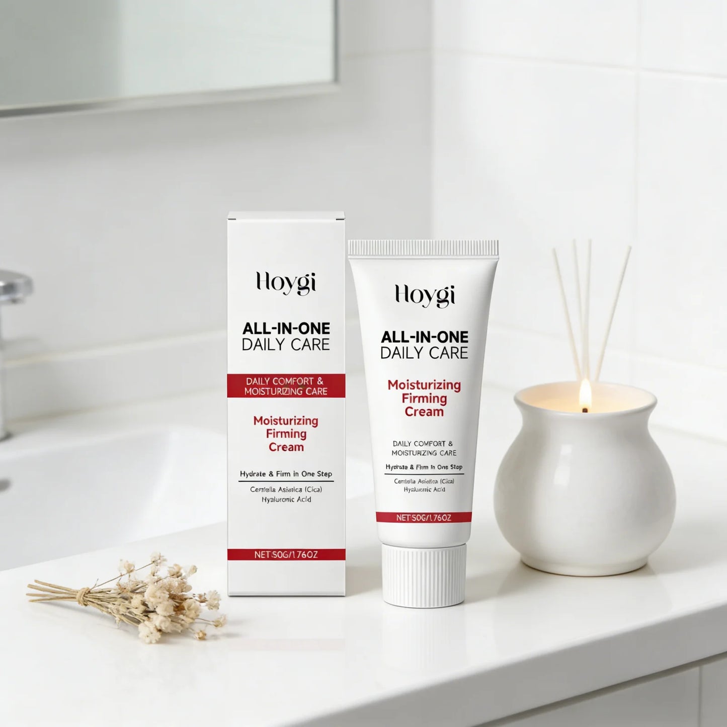 HOYGI — Centella Hyaluronic Firming Daily Cream — Green and white tube on white background