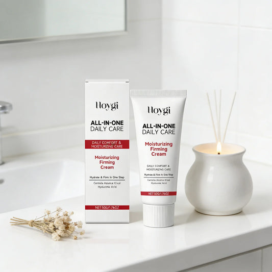 HOYGI — Centella Hyaluronic Firming Daily Cream — Green and white tube on white background
