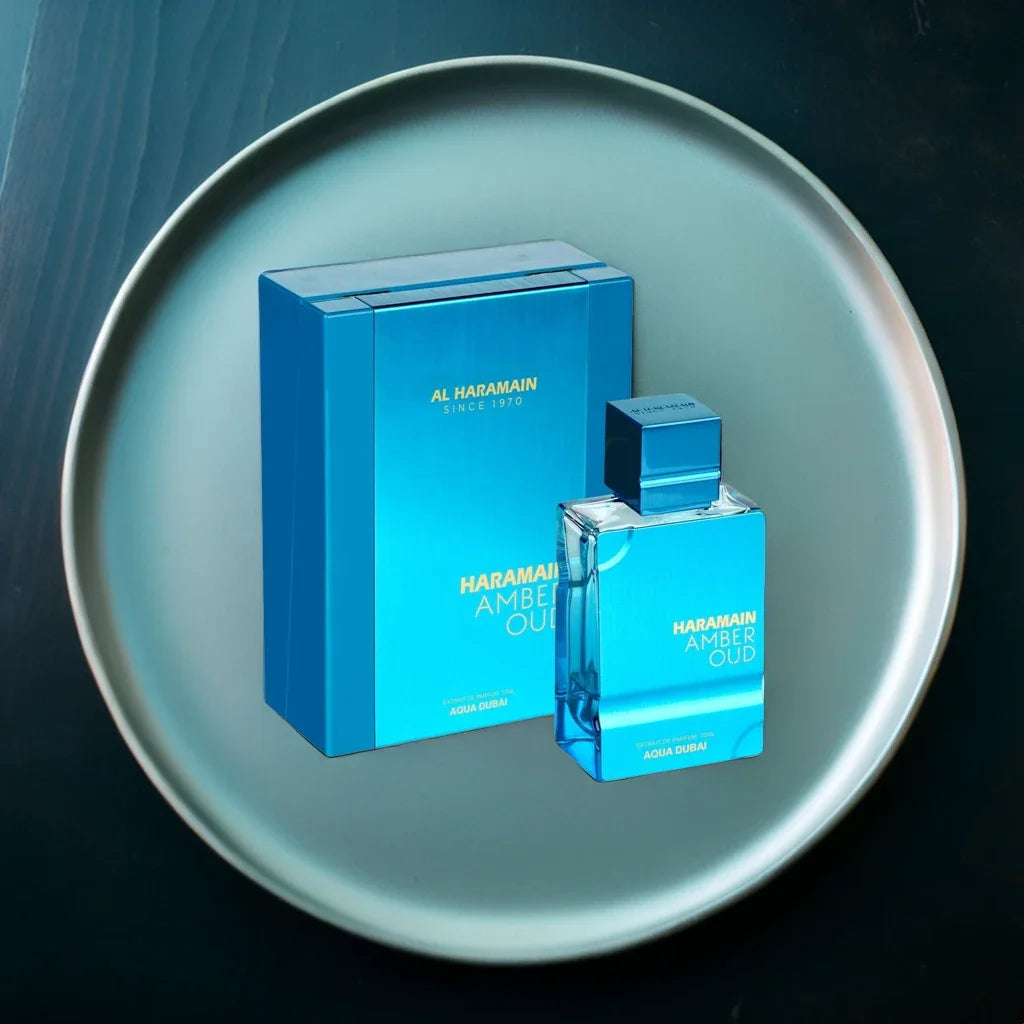 HARAMMAN Amber Oud Aqua Extrait — amber + oud + aquatic — side angle of bottle