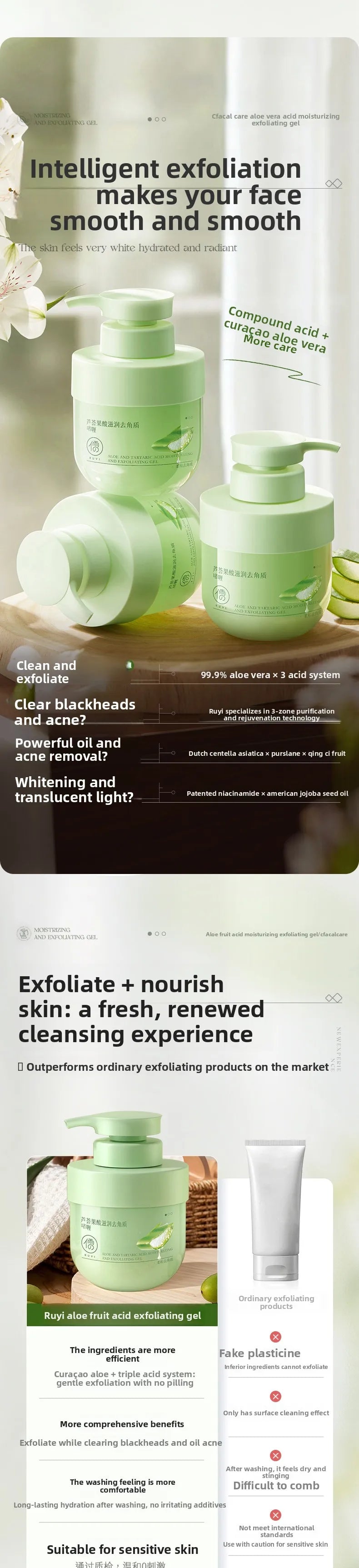 RUYI Aloe Vera Fruit Acid Exfoliating Gel for Face-dead Skin Removal Pore Cleansing Blackhead Treatment Skin Smoothing