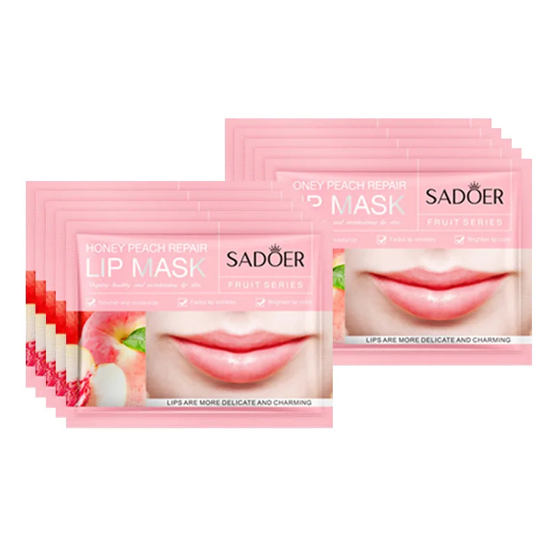 SADOER Fruit & Collagen Crystal Gel Lip Mask — Collagen & Fruit Extract — Gel patch texture on fingertip