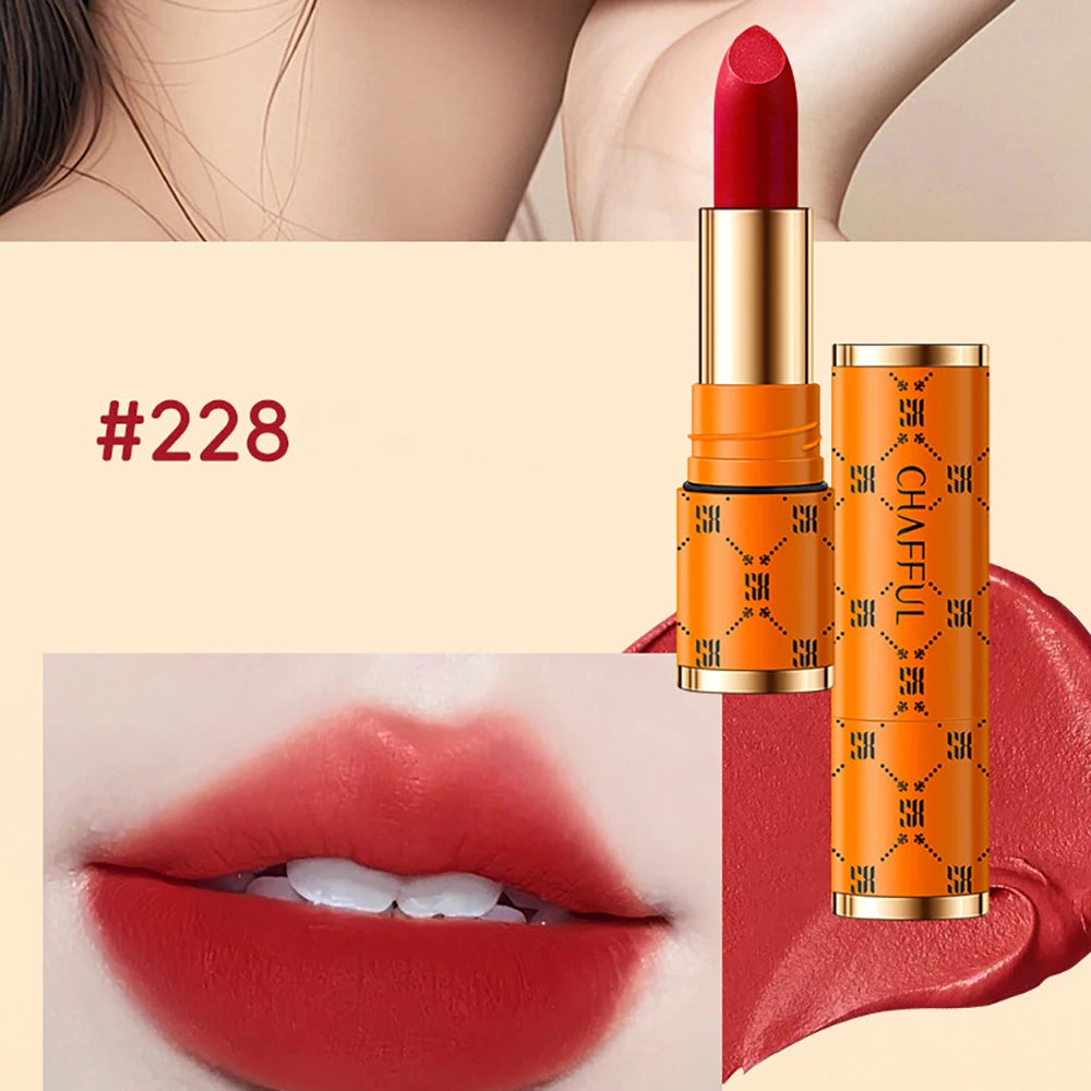 Matte waterproof long-lasting lipstick tube with applicator and vibrant color swatch on white background