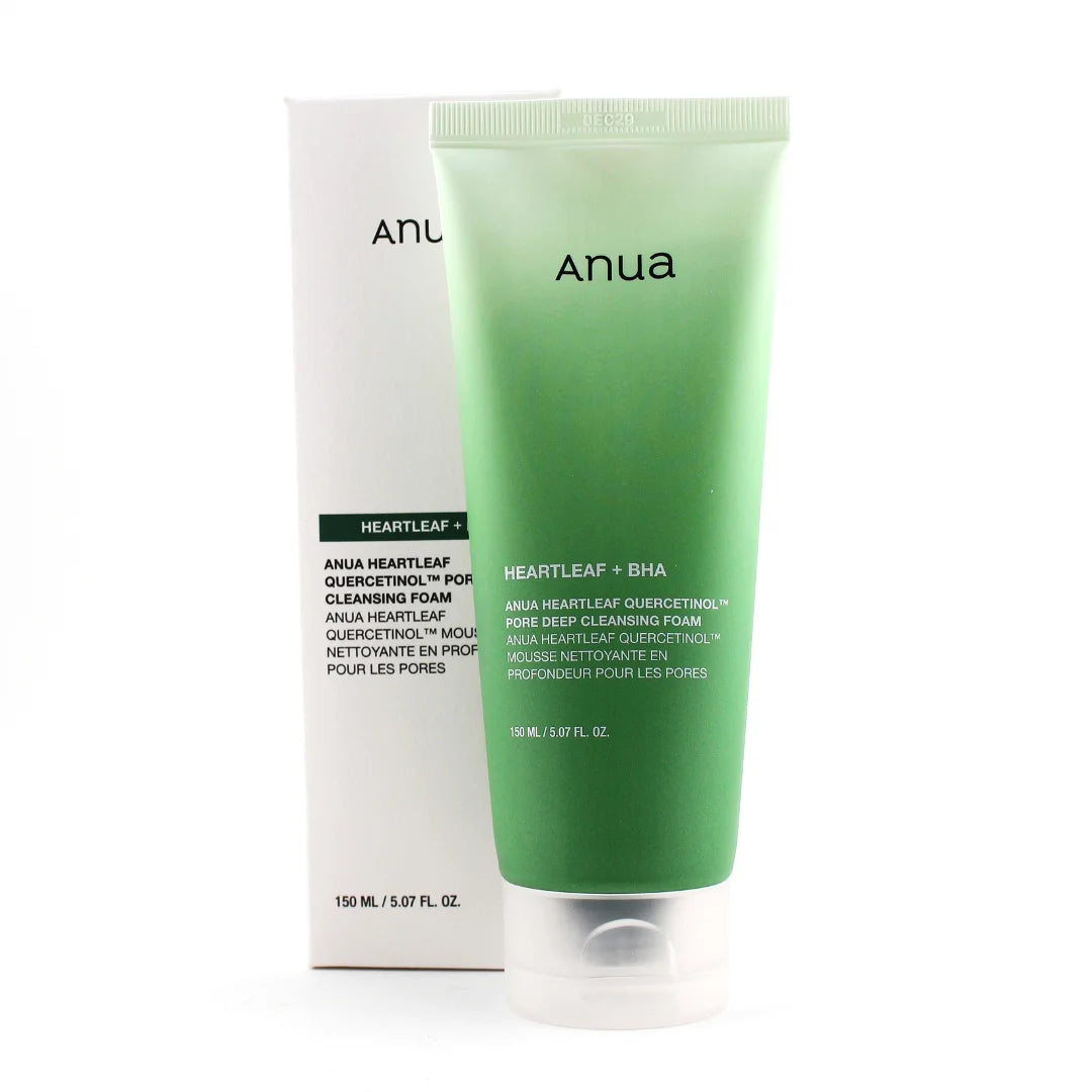 Anua Heartleaf Quercetinol Pore Deep Cleansing Foam — Heartleaf & Quercetinol — Green and white foam cleanser tube on white background