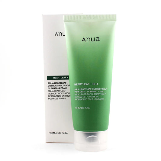Anua Heartleaf Quercetinol Pore Deep Cleansing Foam — Heartleaf & Quercetinol — Green and white foam cleanser tube on white background