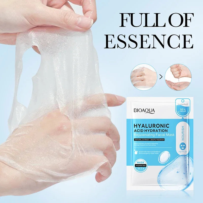 Ten hyaluronic acid moisturising sheet mask sachets for facial hydration