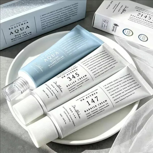 DR ALTHEA 345 Face Moisturizer Daily Soothing Cream And Mist — 345 Relief Formula — Light blue and white squeeze tubes with box on white background
