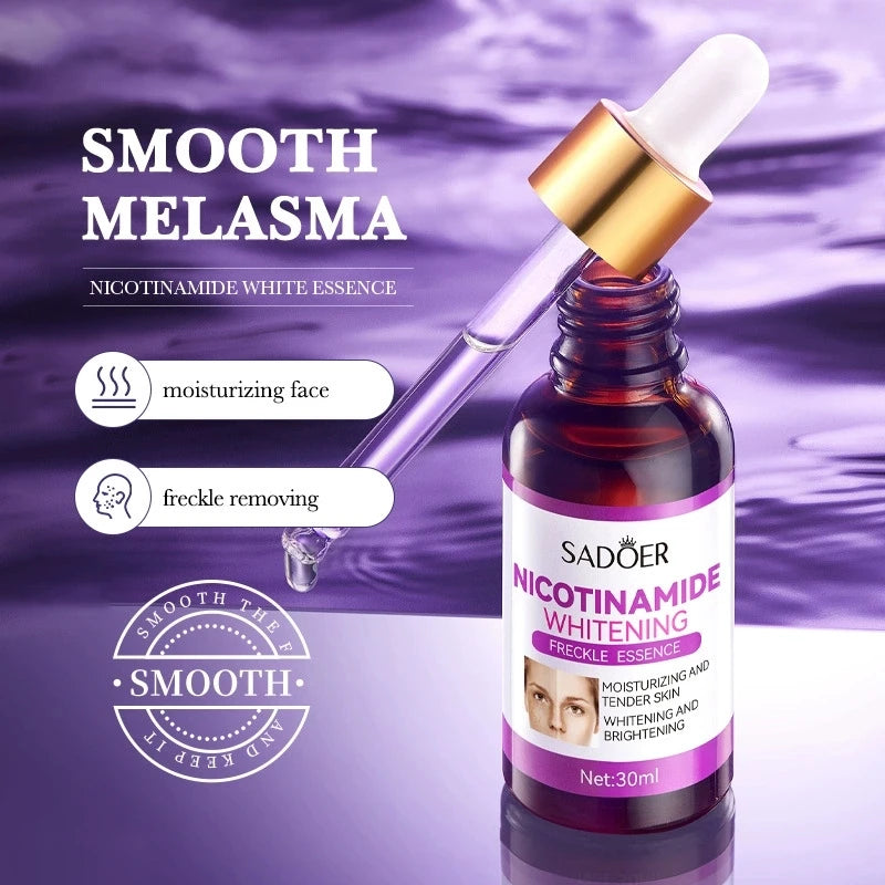 Skincare set with nicotinamide dark spot correcting essence bottles for brightening and evening skin tone.