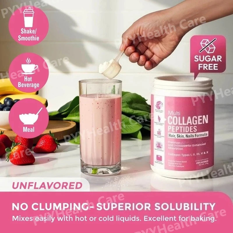 SkinSwaag Beauty Multi Collagen Peptides Powder Types I II III V X — collagen peptides — ingredient list on packaging on white background