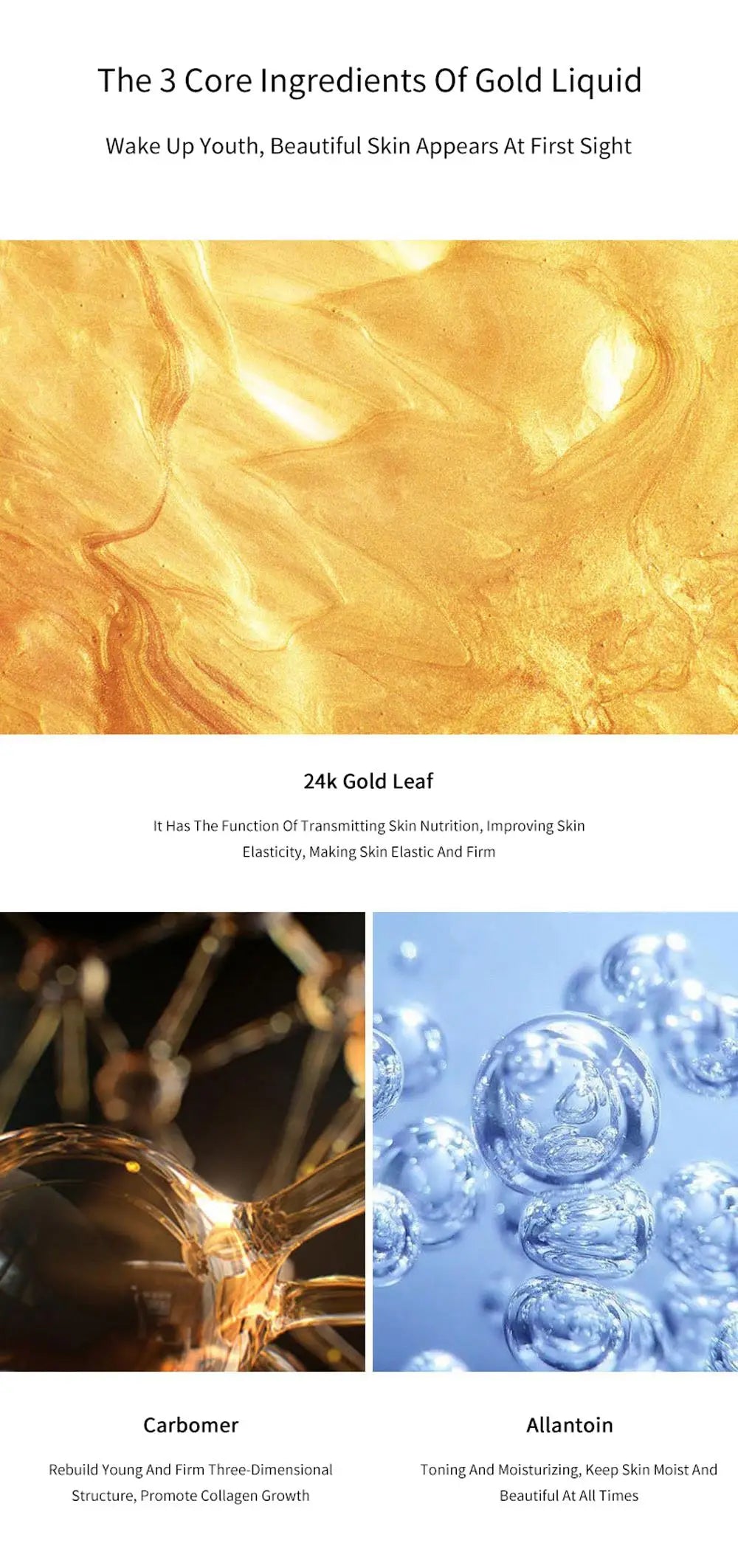 Gold peptide lifting face serum bottle with dropper for anti-aging skin care