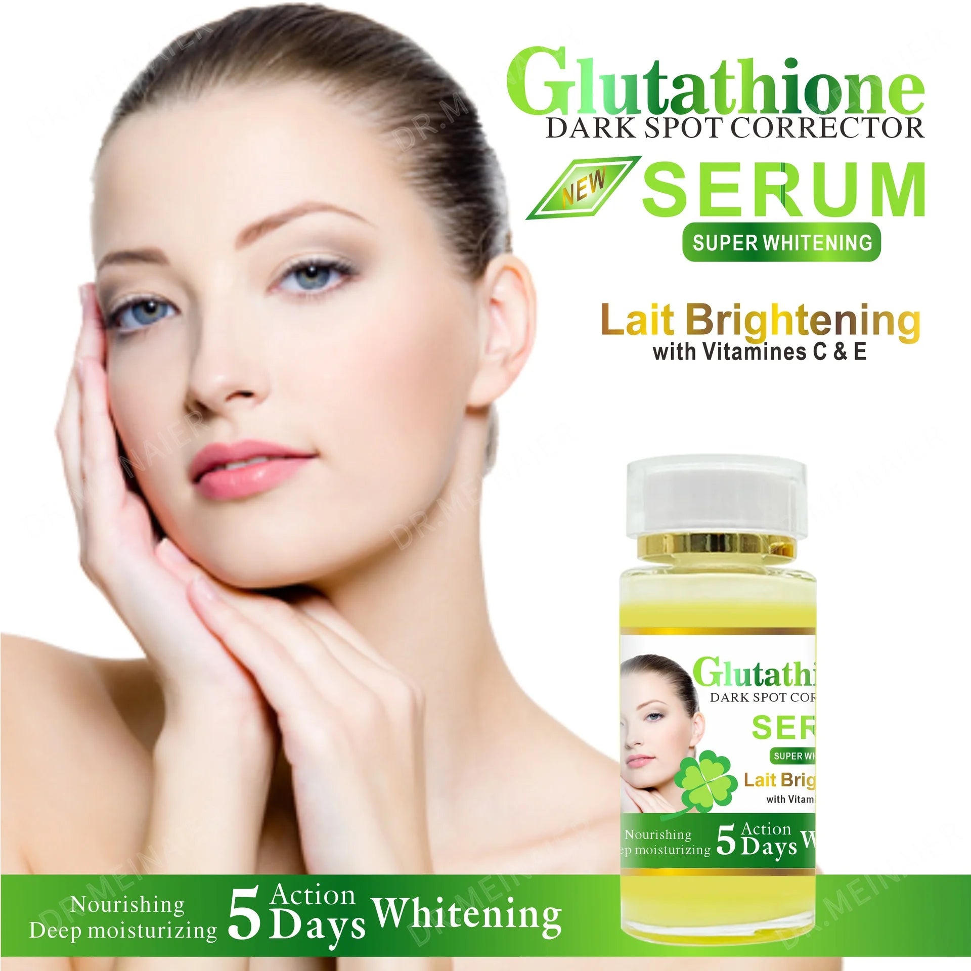 Dark spot serum bottle with kojic acid, glutathione, and vitamin C