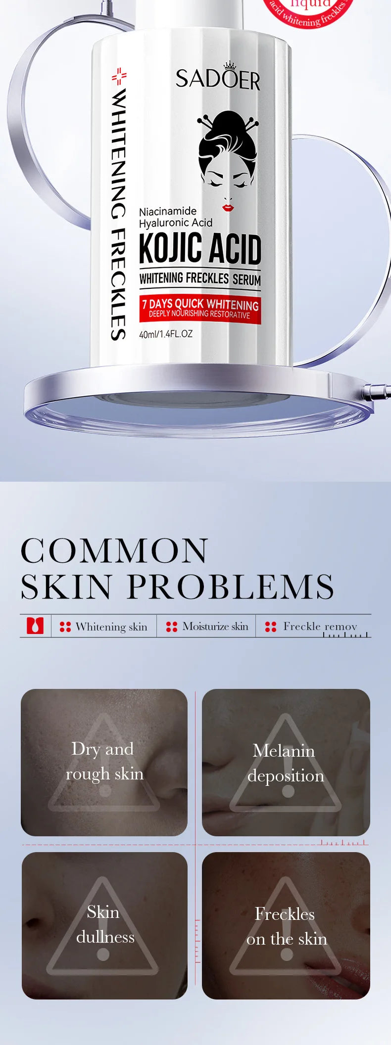 Kojic acid brightening serum bottle for freckle removal and skin brightening