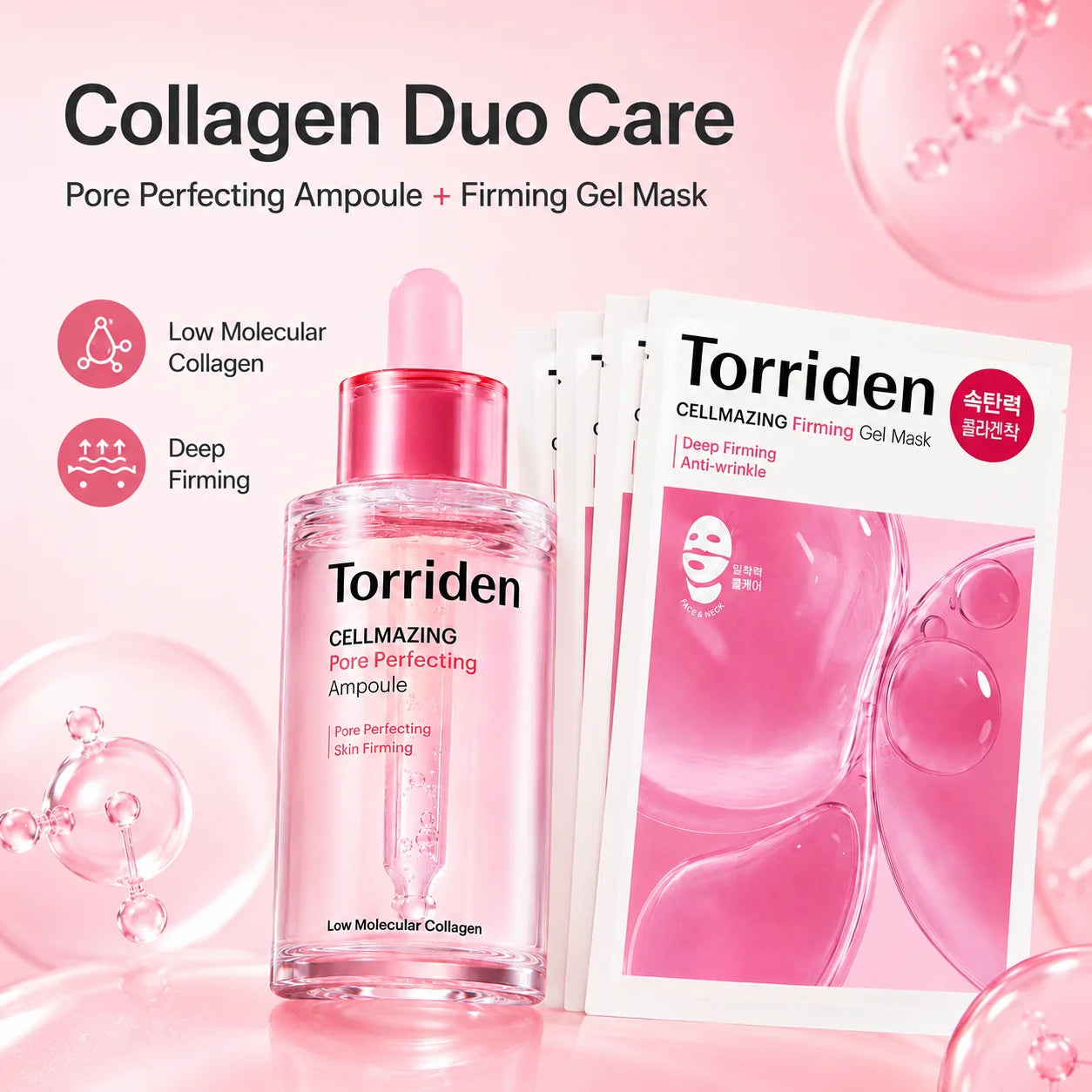 Low molecular collagen ampoule and firming gel mask kit for pore-perfecting, firming, and rejuvenating skincare