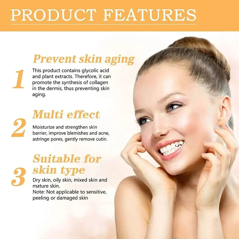 Facial toner bottle with 7% glycolic acid for exfoliating and firming skin.