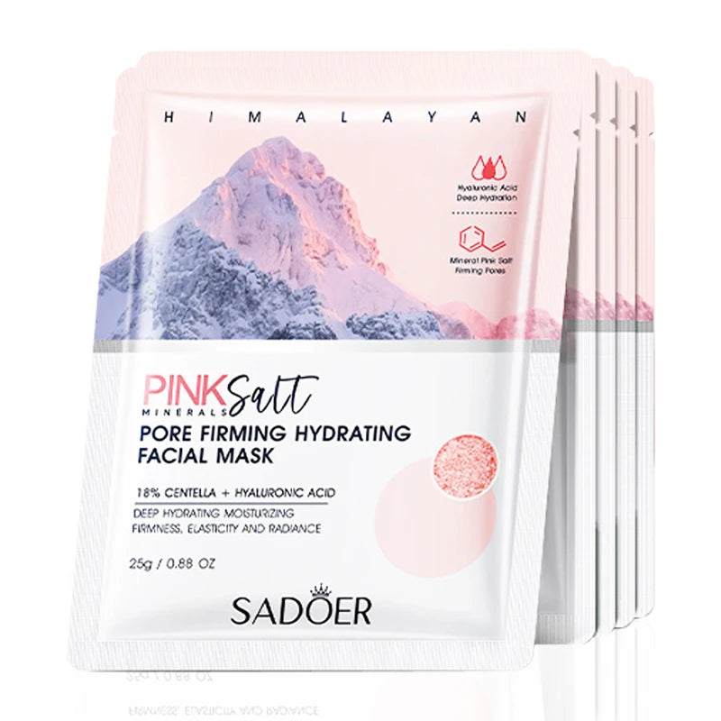 Five pink salt facial mask sachets for moisturizing, brightening, and firming skin