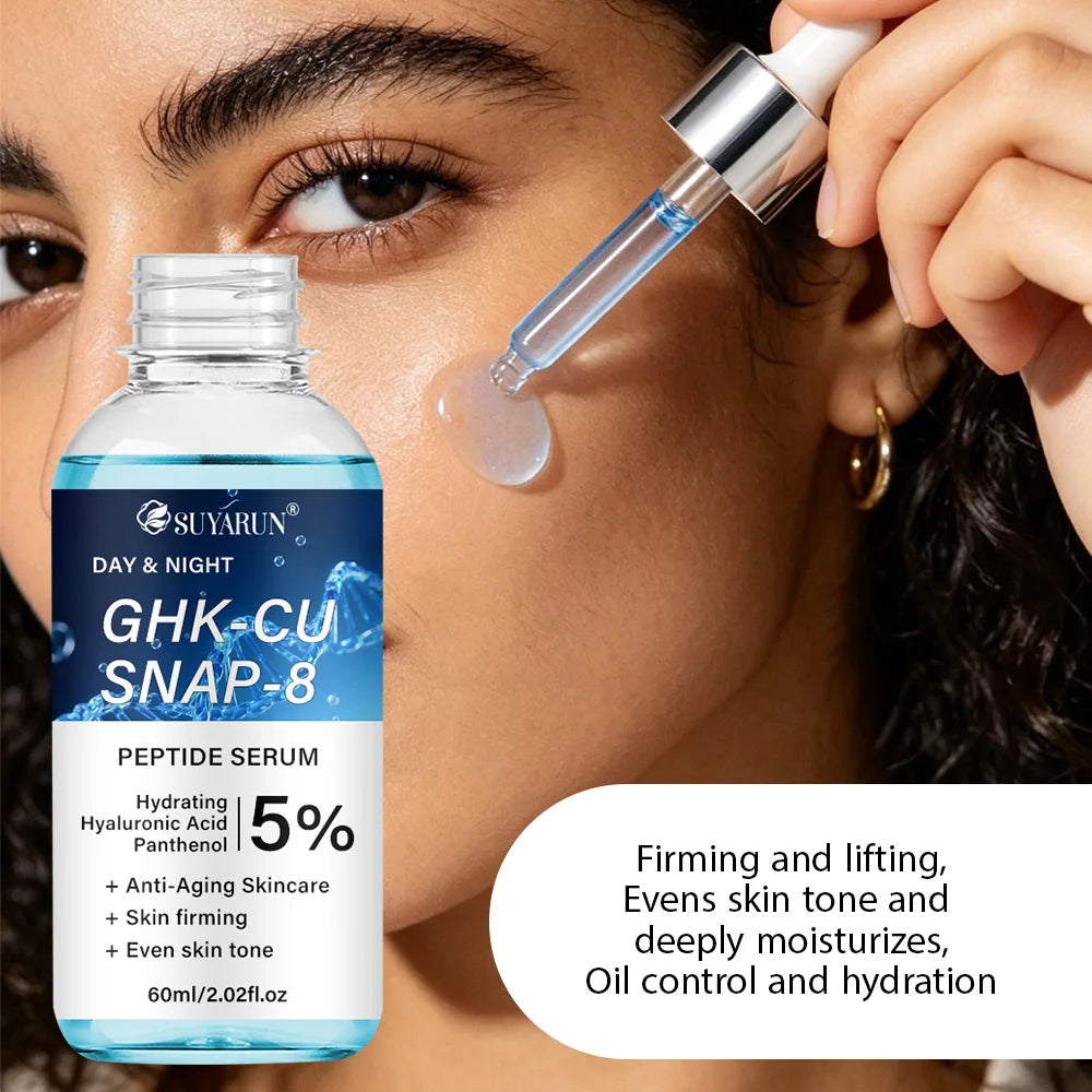 Firming peptide serum bottle with dropper, anti-aging skincare product