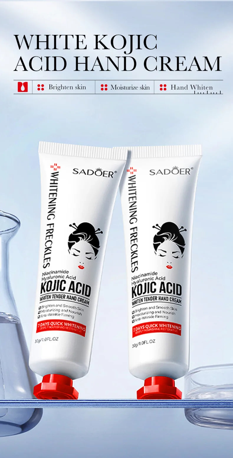 Kojic acid brightening hand cream tube with product label