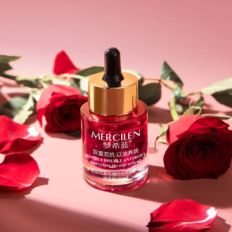 MERCILEN Double Rose Facial Essence Oil — Double Rose & Squalane — Red and gold dropper bottle on white background