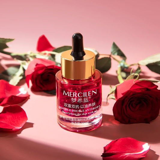 MERCILEN Double Rose Facial Essence Oil — Double Rose & Squalane — Red and gold dropper bottle on white background