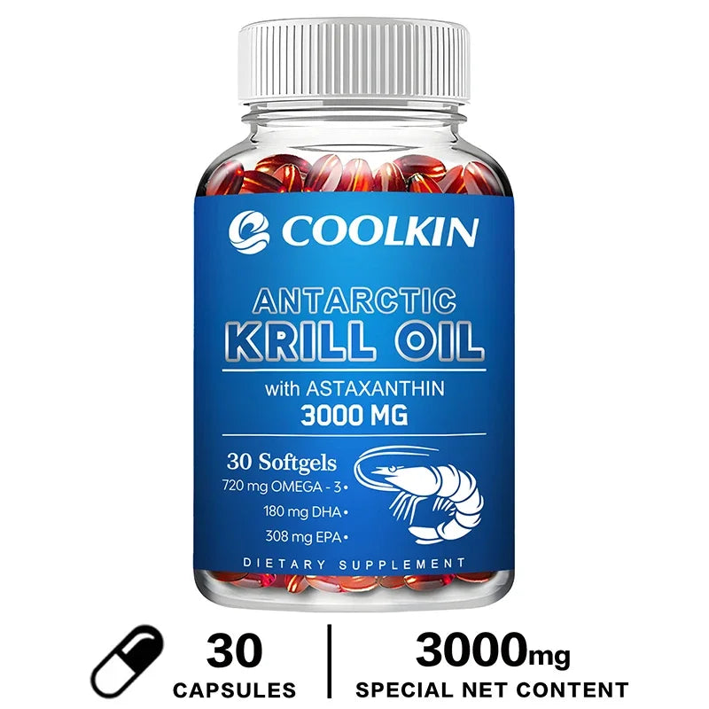 SkinSwaag Beauty COOLKIN Antarctic Krill Oil 3000mg — omega-3 EPA DHA + astaxanthin — krill oil source illustration on white background
