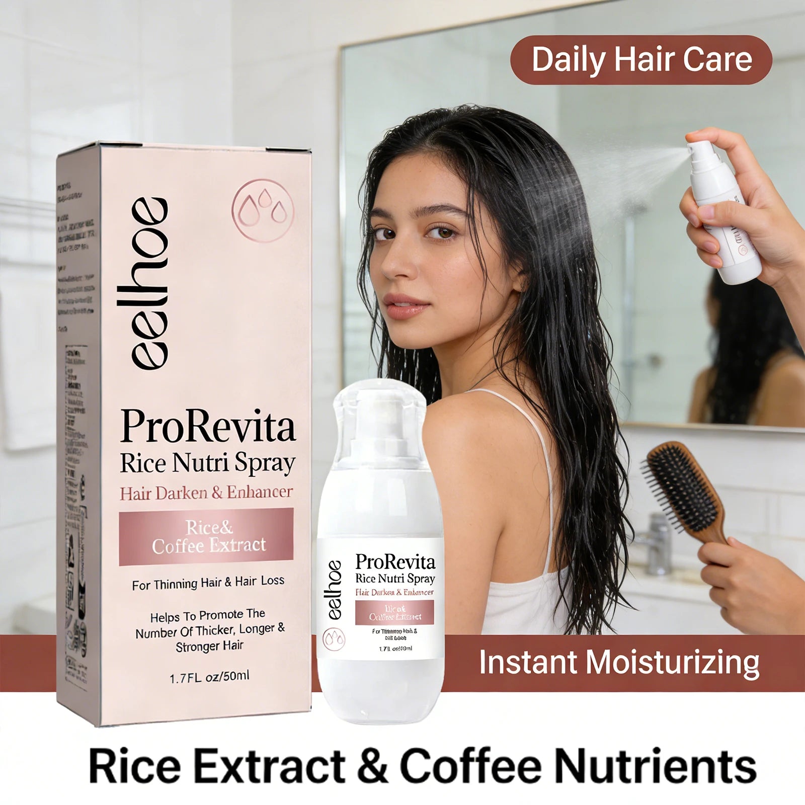 EELHOE — Rice Water & Natural Plant Extract Hair Growth Spray 50ml — White spray bottle on white background